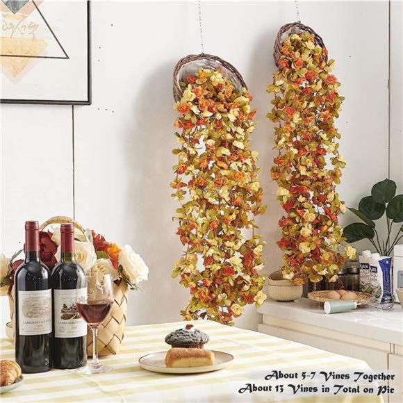 8 Pcs 66FT Fall Garland, Artificial Rose Vine Flowers with Green Leaves Hanging - Picture 4 of 6